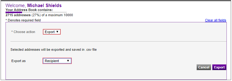 Within the Import/Export Screen select Export in “Choose Action” and Recipient in “Export As”